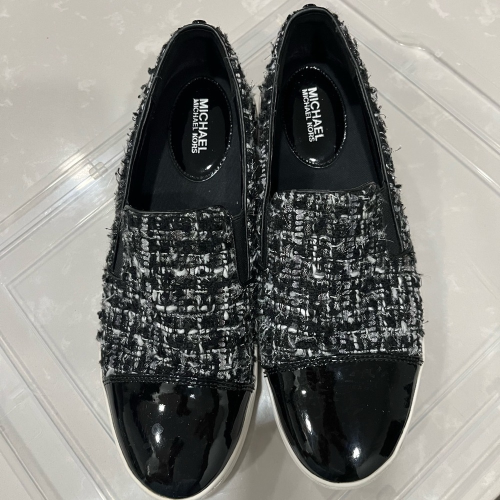 MICHAEL Michael Kors Black and White Tweed Slip-Ons